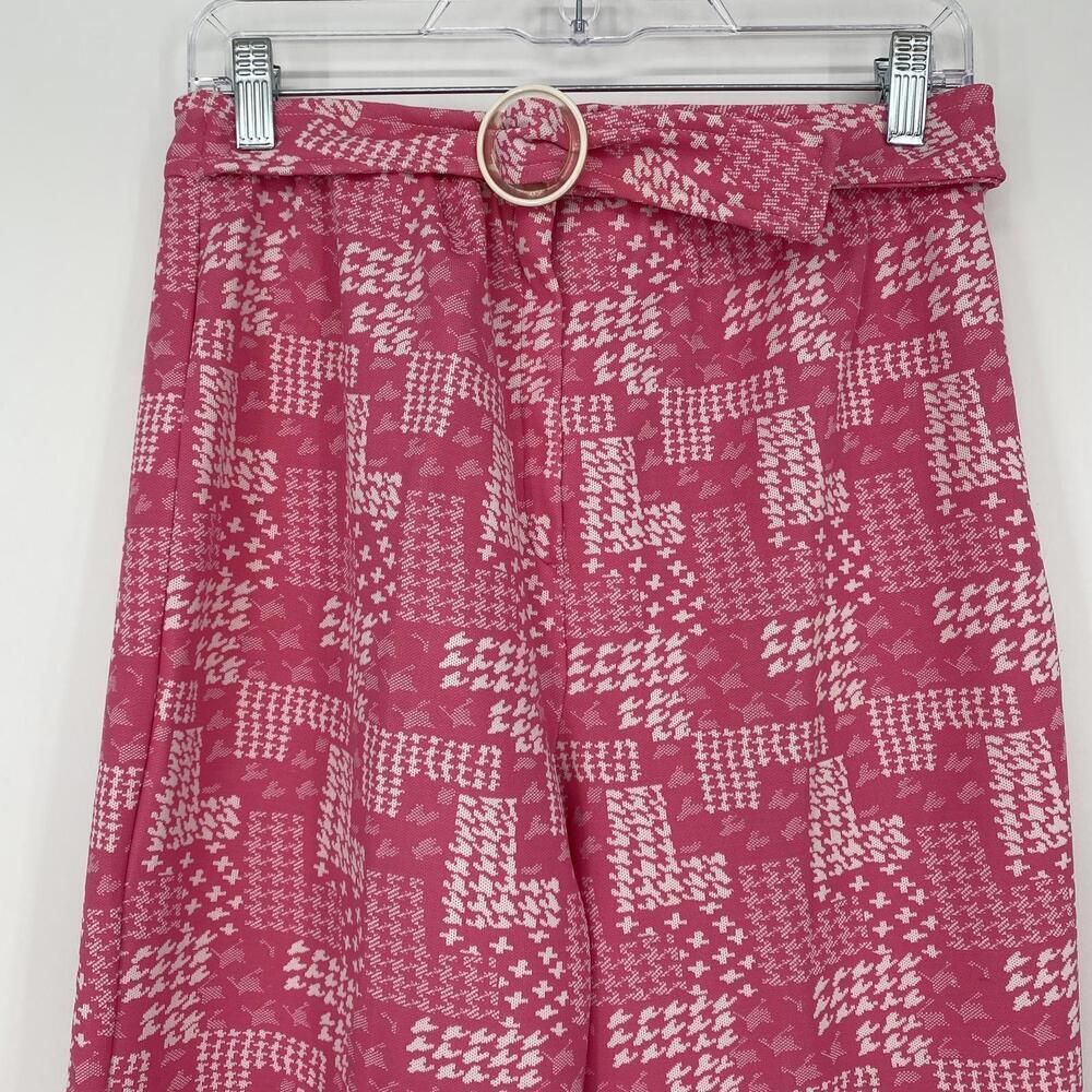 Vintage Rare Trendy Pink & White Check Print Wide-Leg Pants with Belt - Picture 6 of 16
